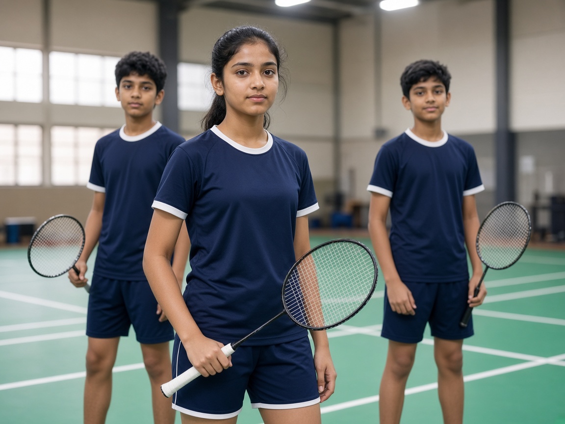 Young badminton players training in an indoor hall