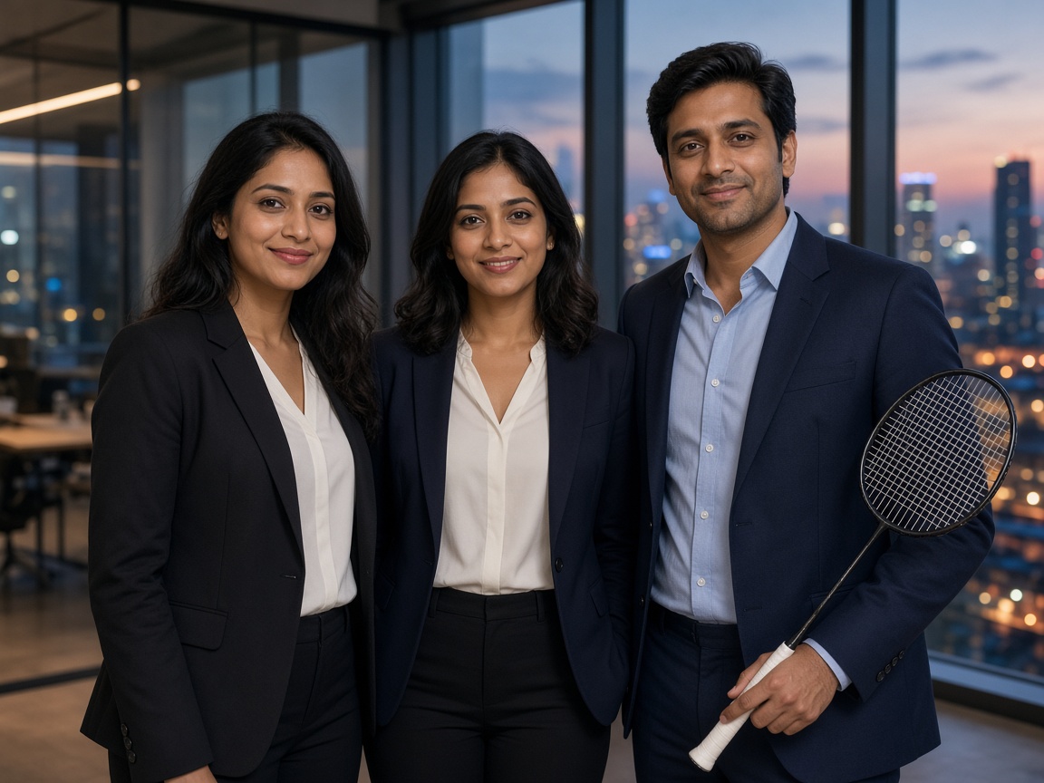 Business professionals in an office, one holding a badminton racket