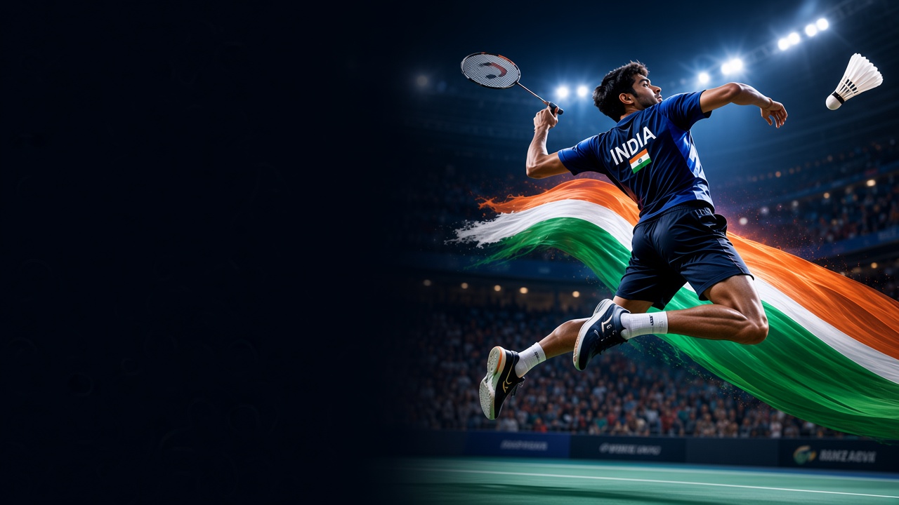 Indian badminton player jumping for a smash in a packed stadium