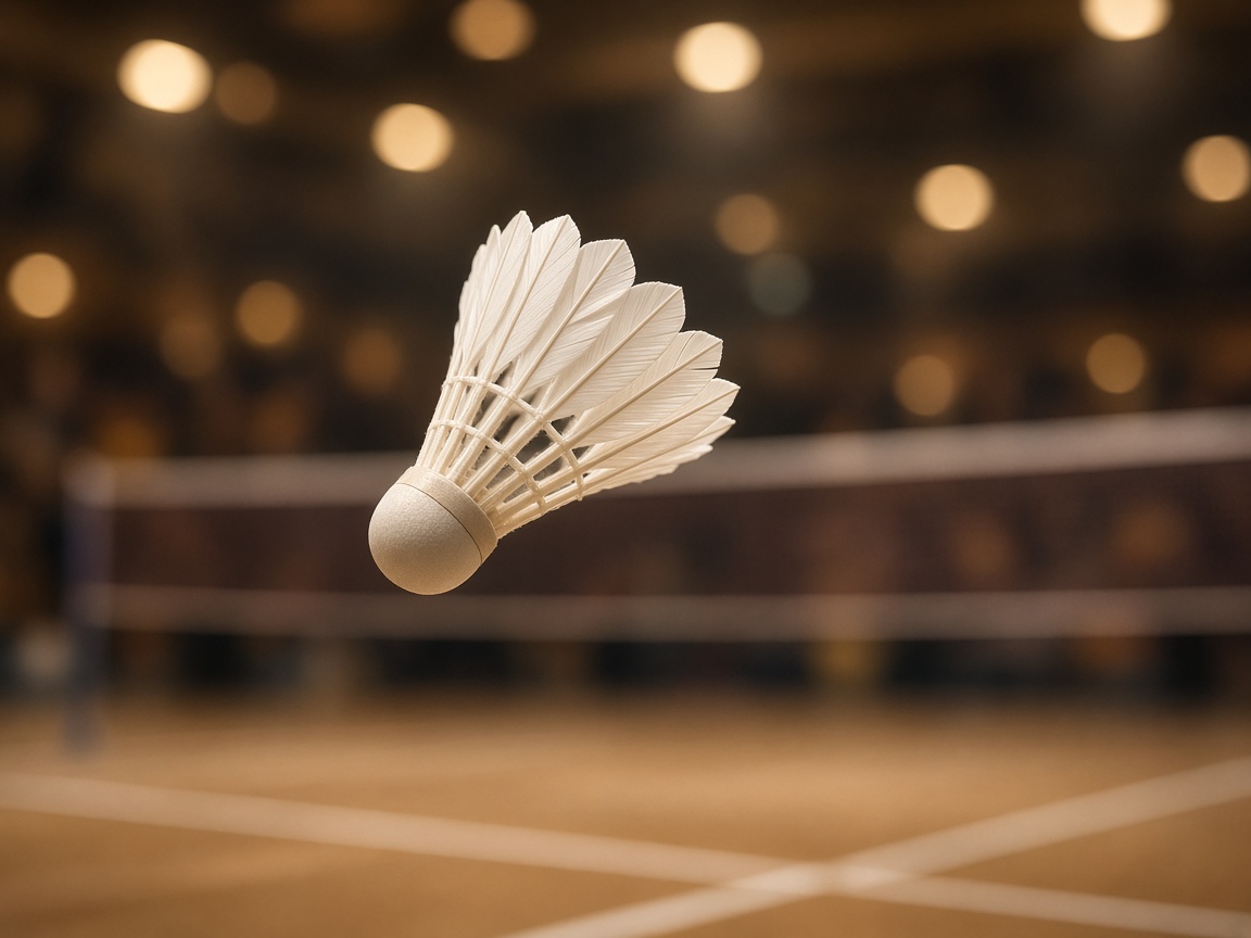 Shuttlecock in flight above a lit badminton court